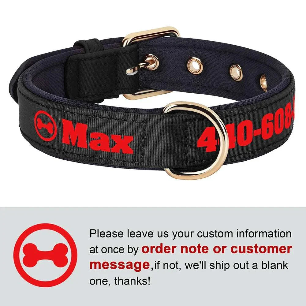 Personalised soft padded PU leather dog collar in black with red custom engraving for medium to large dogs