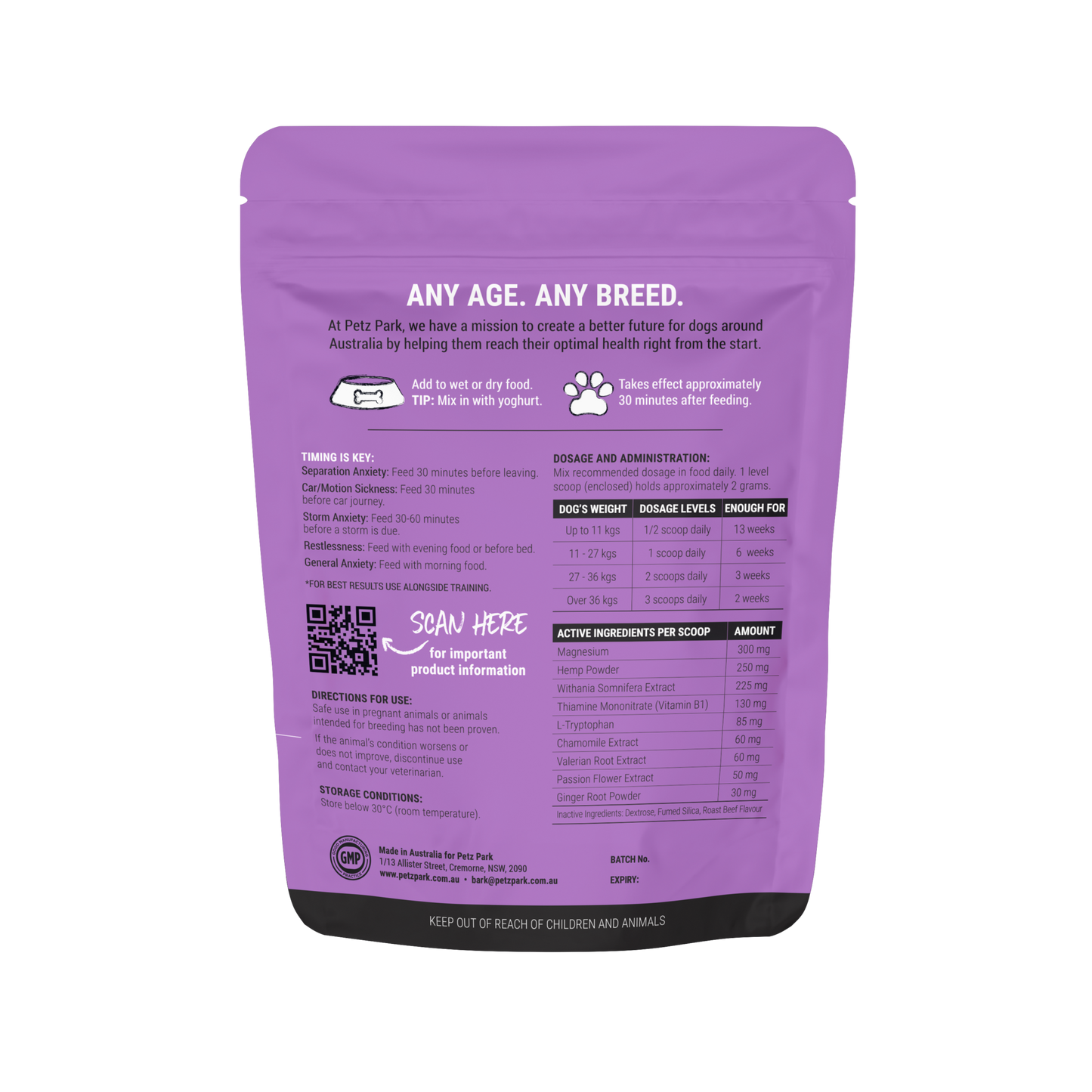PetzPark Stress and Anxiety relief powder for dogs, natural calming supplement for all breeds and ages with easy dosage instructions on purple packaging