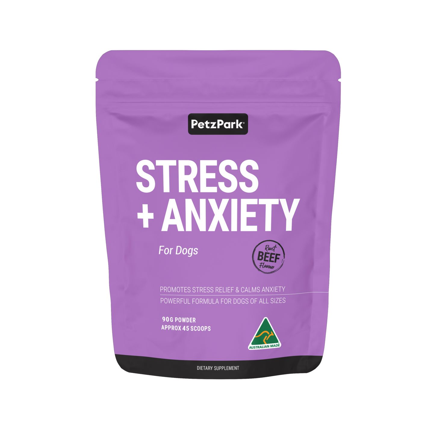 PetzPark Stress and Anxiety powder for dogs, natural calming supplement with beef flavor, 90g pack, Australian made.