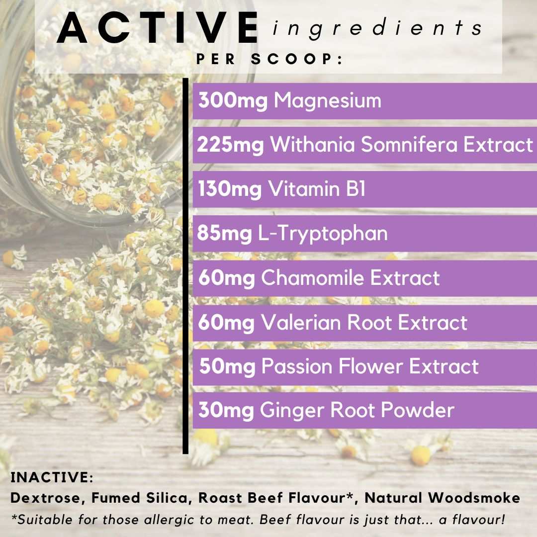 PetzPark Stress and Anxiety for Dogs powder with natural calming ingredients like chamomile and valerian root extract