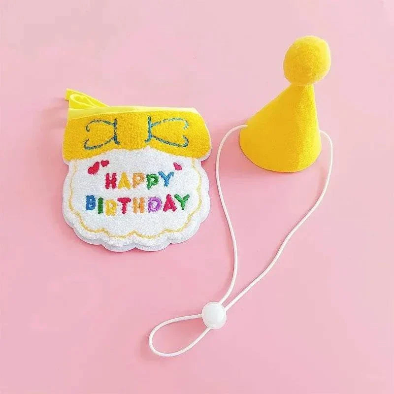 Yellow dog cat puppy birthday hat and bandana set with colorful Happy Birthday text on pink background