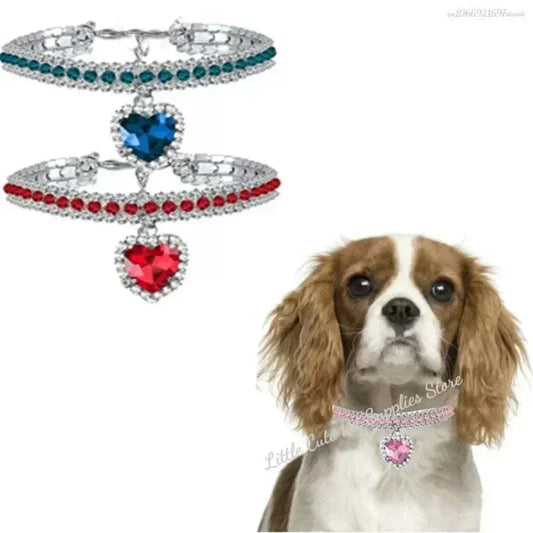 Pretty Kitty's heart pendant diamante collar necklace for cats and small dogs in blue, red, and pink colors with silver plating shown on a dog.