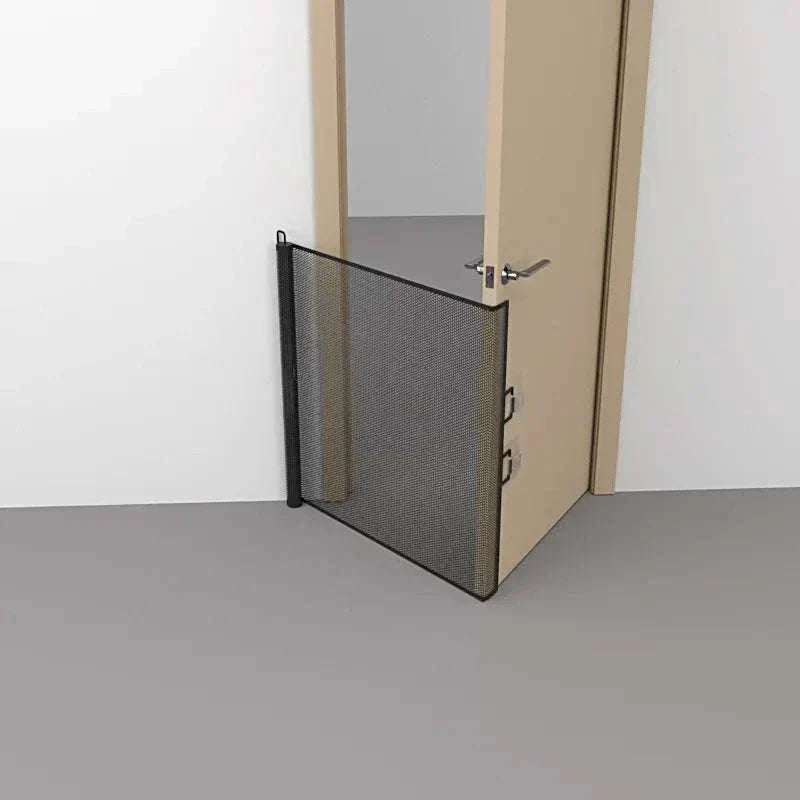 Automatic retractable pet gate fence installed in doorway for indoor dogs and cats safety