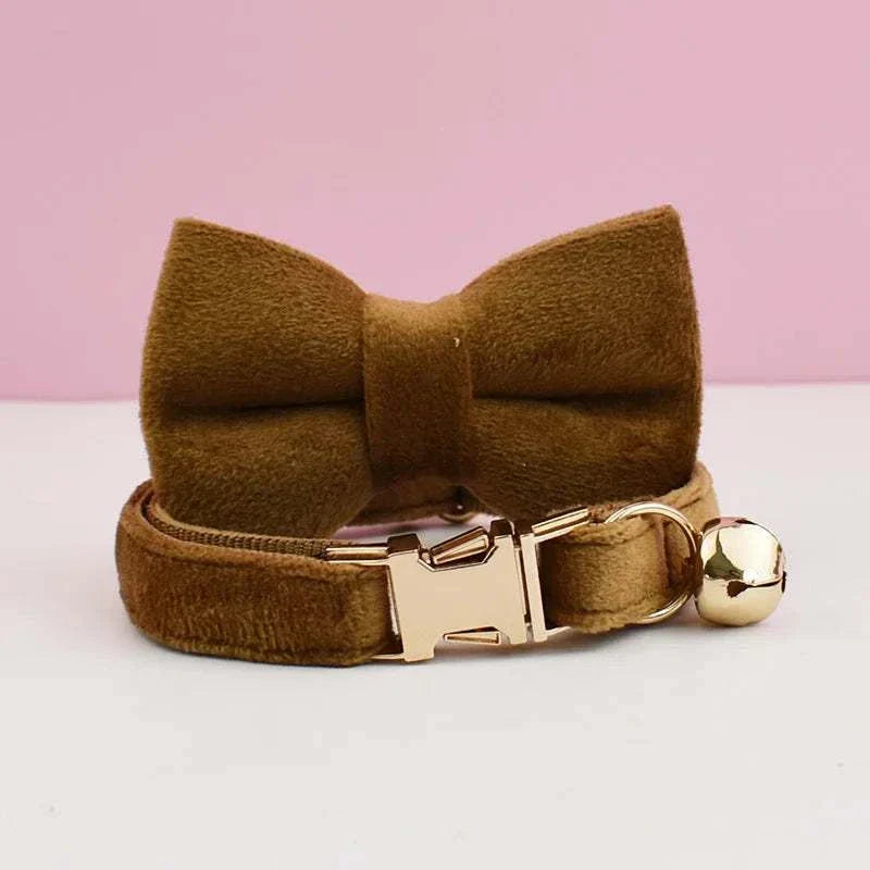 Luxury velvet cat collar with brown bow tie and bell, personalized name plate option