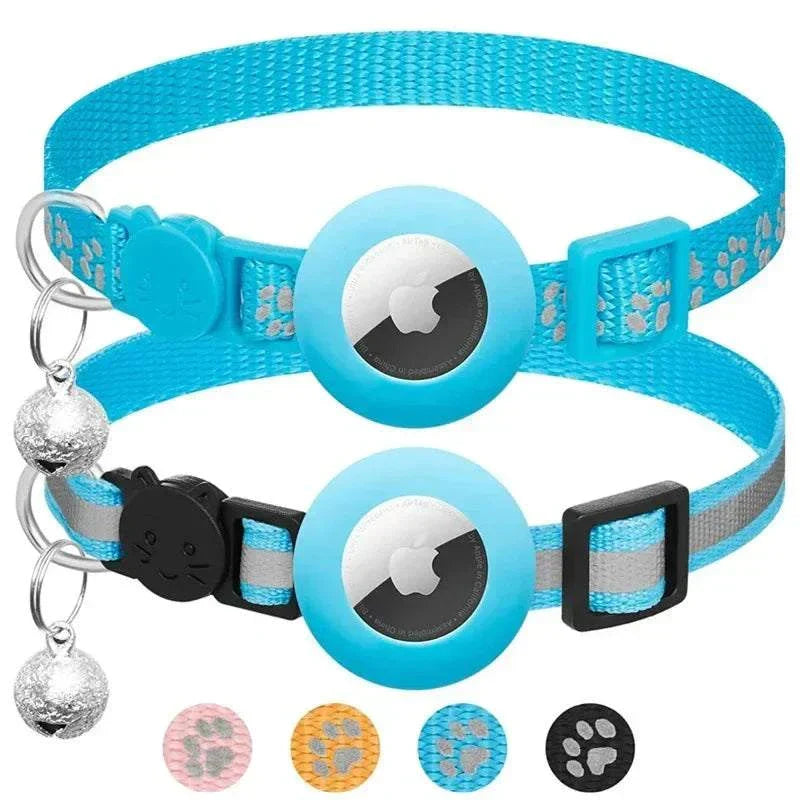 Blue adjustable breakaway cat collars with bells and Airtag holders, featuring reflective paw print designs for safety.