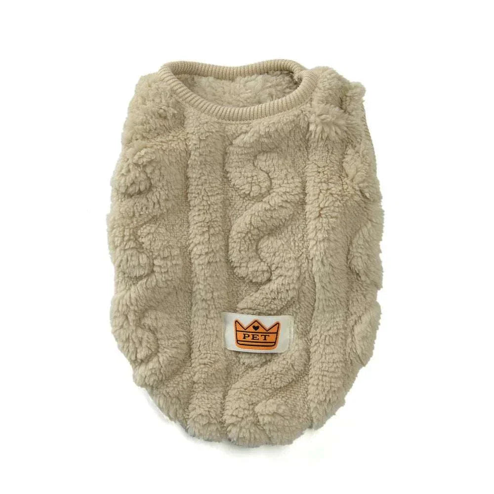 soft cozy fleece sweatshirt for pets in beige with plush texture and pet logo patch