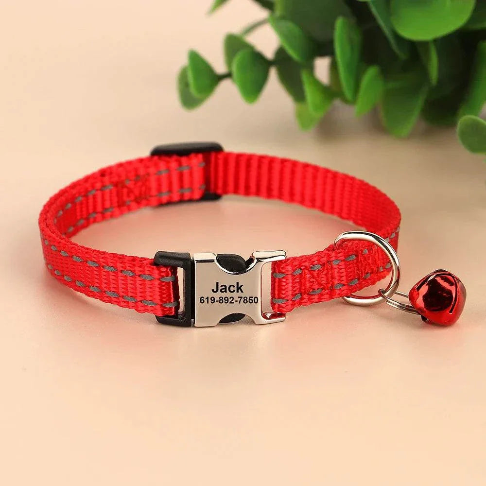 Personalised reflective red nylon cat and small dog collar with bell and custom engraving