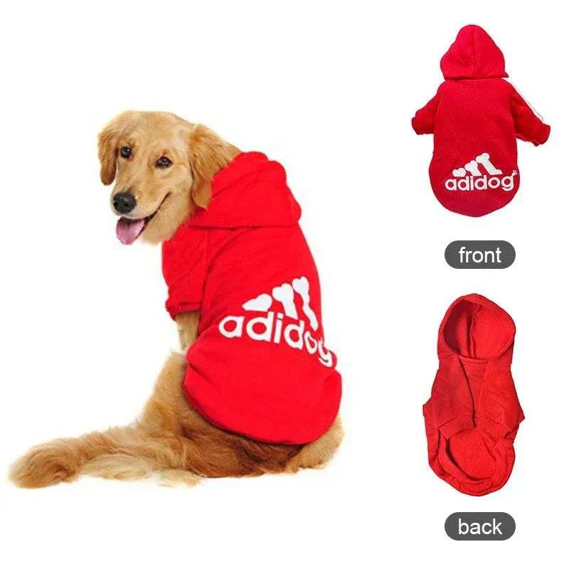 Golden retriever wearing red Adidog hoodies dog jumper with white logo, front and back views of red dog hoodie shown separately
