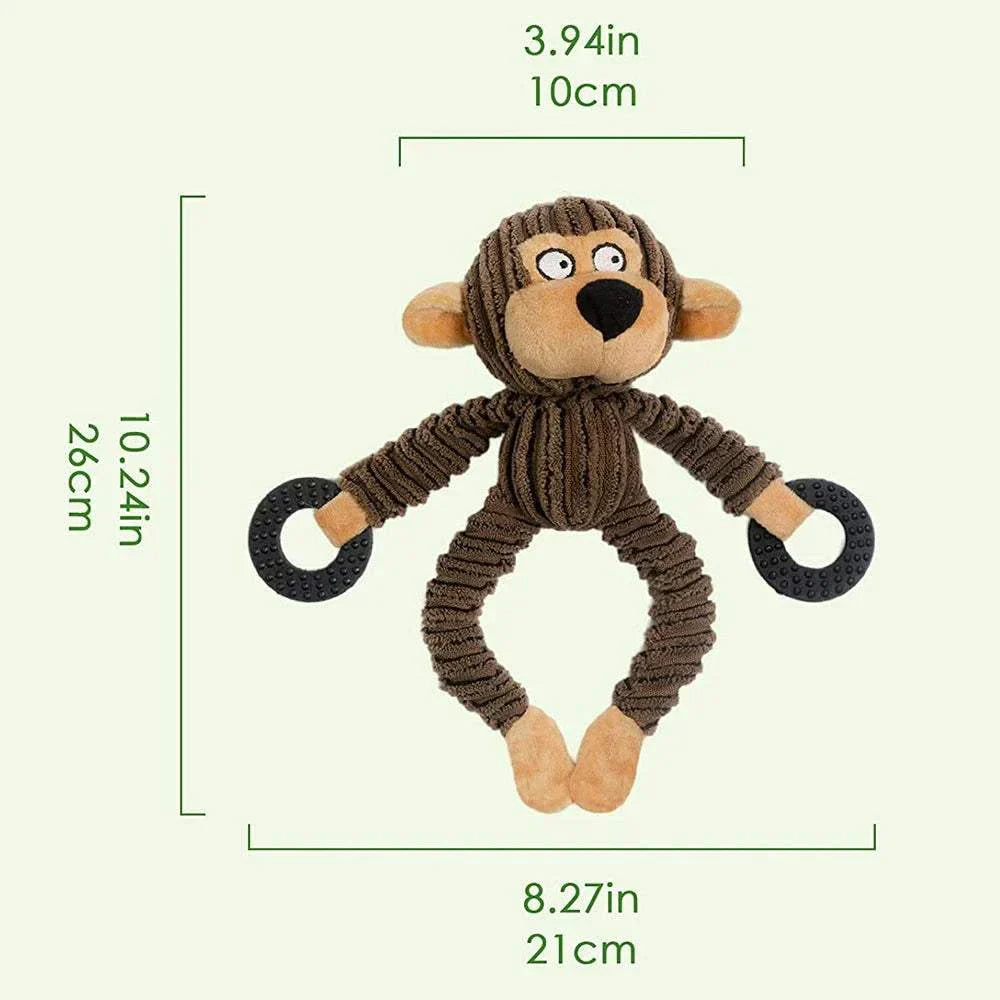 Squeaky Puppy Plush brown monkey chew toy for teething puppies with rubber rings, 26x21x10 cm