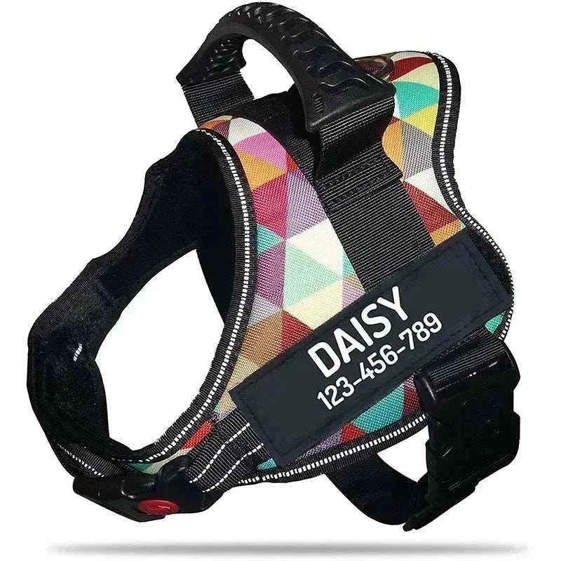 Personalised no-pull reflective dog harness with colorful geometric pattern and custom ID patch