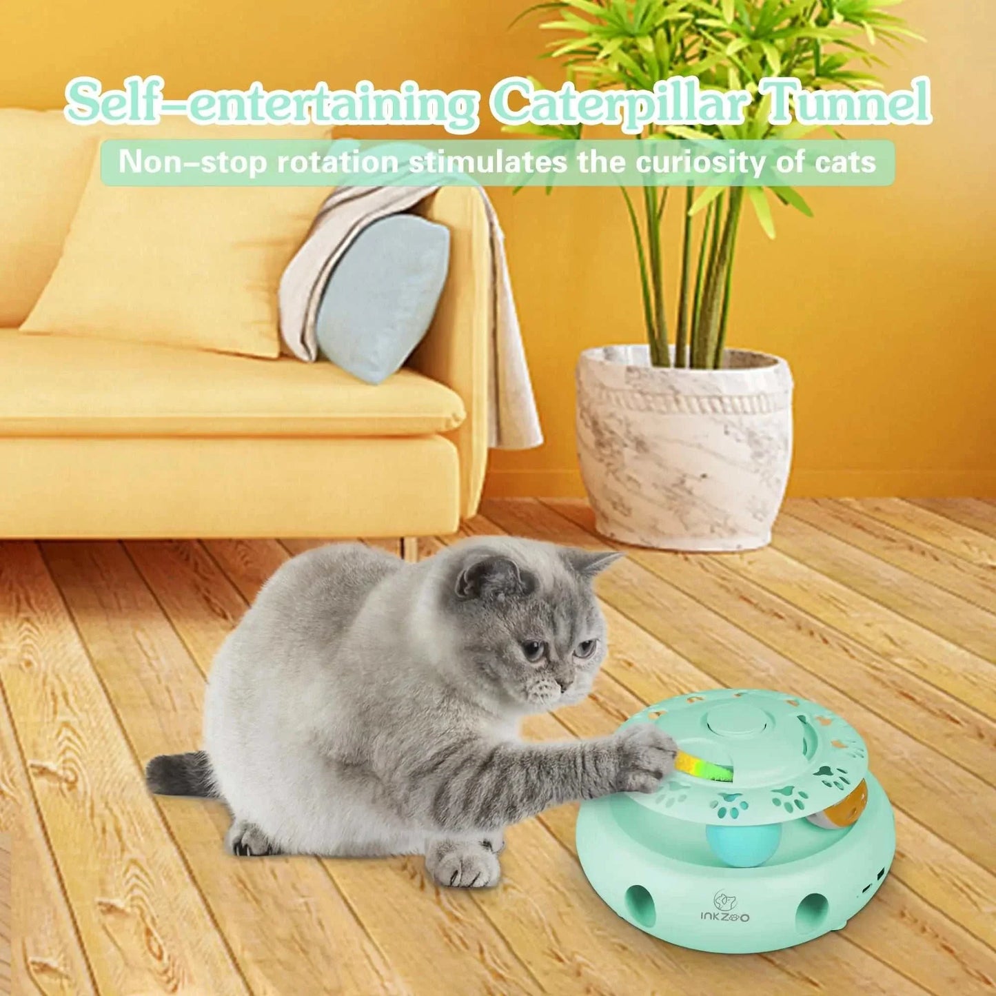 Interactive cat toy with caterpillar tunnel design, featuring 4-in-1 activities like whack-a-mole and fluttering butterfly, powered by USB charge.