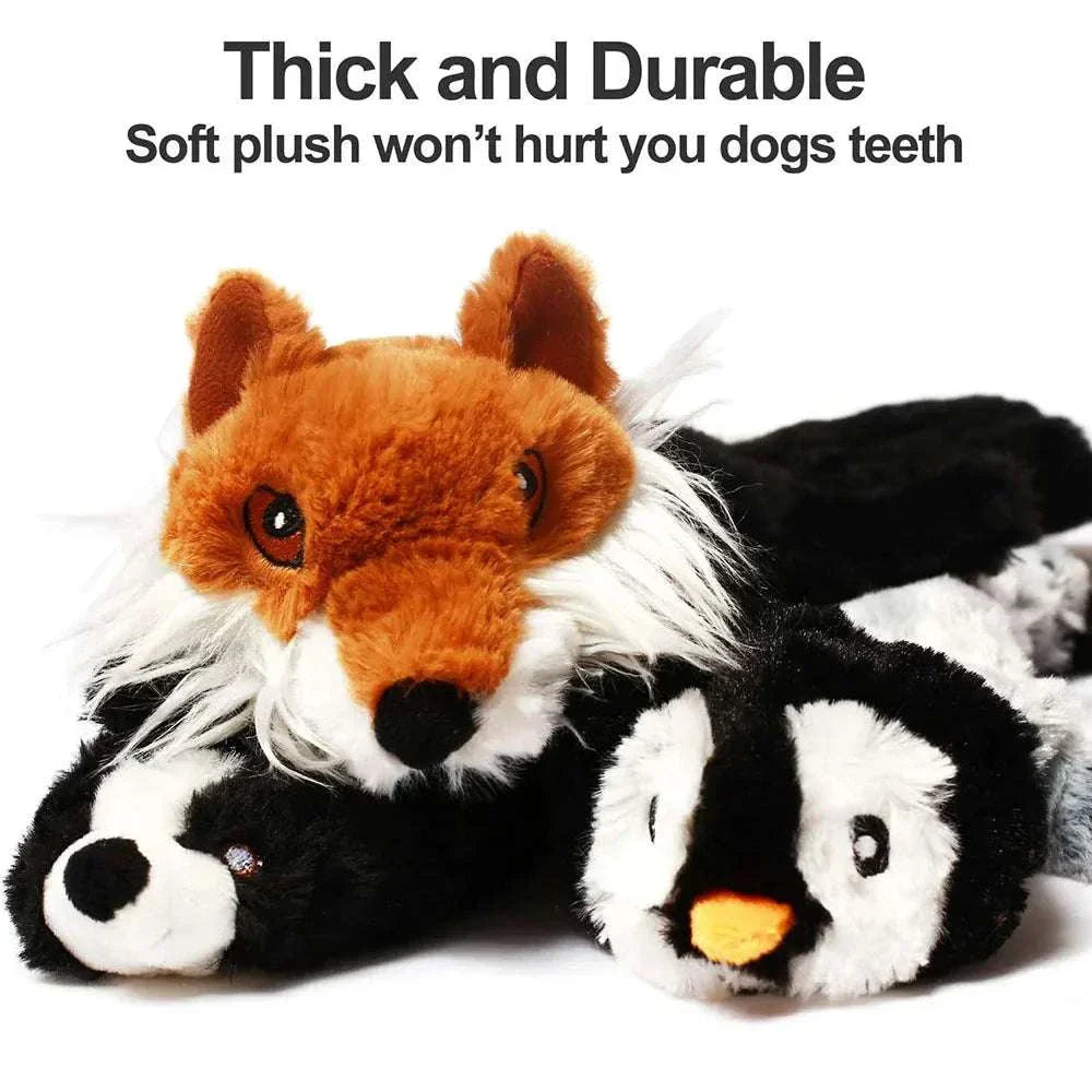 Plush squeaky stuffing less dog toy trio with durable soft plush animal designs for safe, mess-free play