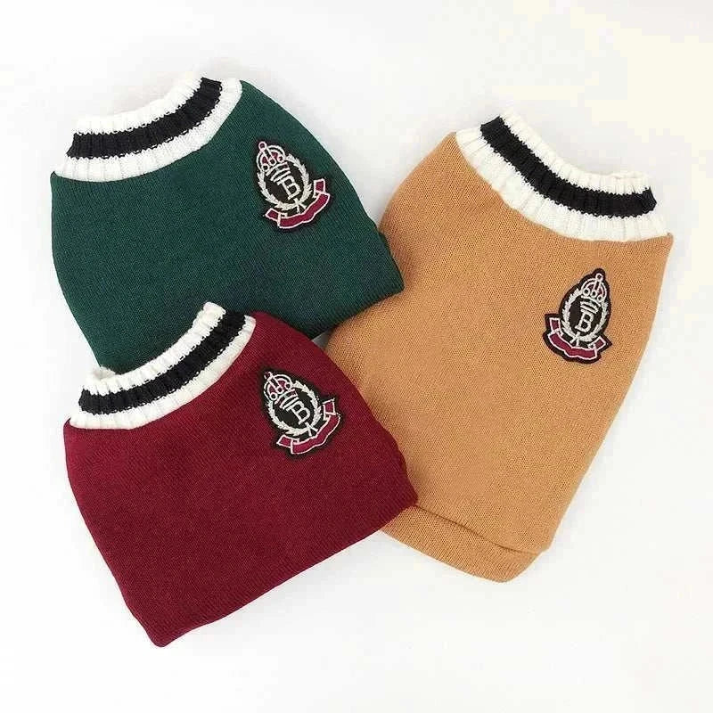 Varsity Sweater collection for cats and small dogs in green, maroon, and tan with sporty collegiate design and soft breathable fabric