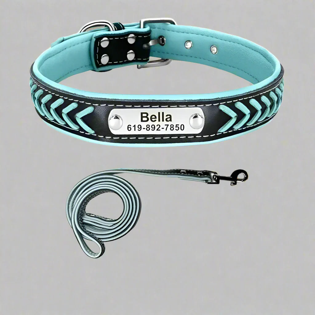Personalised braided leather dog collar with custom engraved nameplate and matching leash in black and turquoise colors