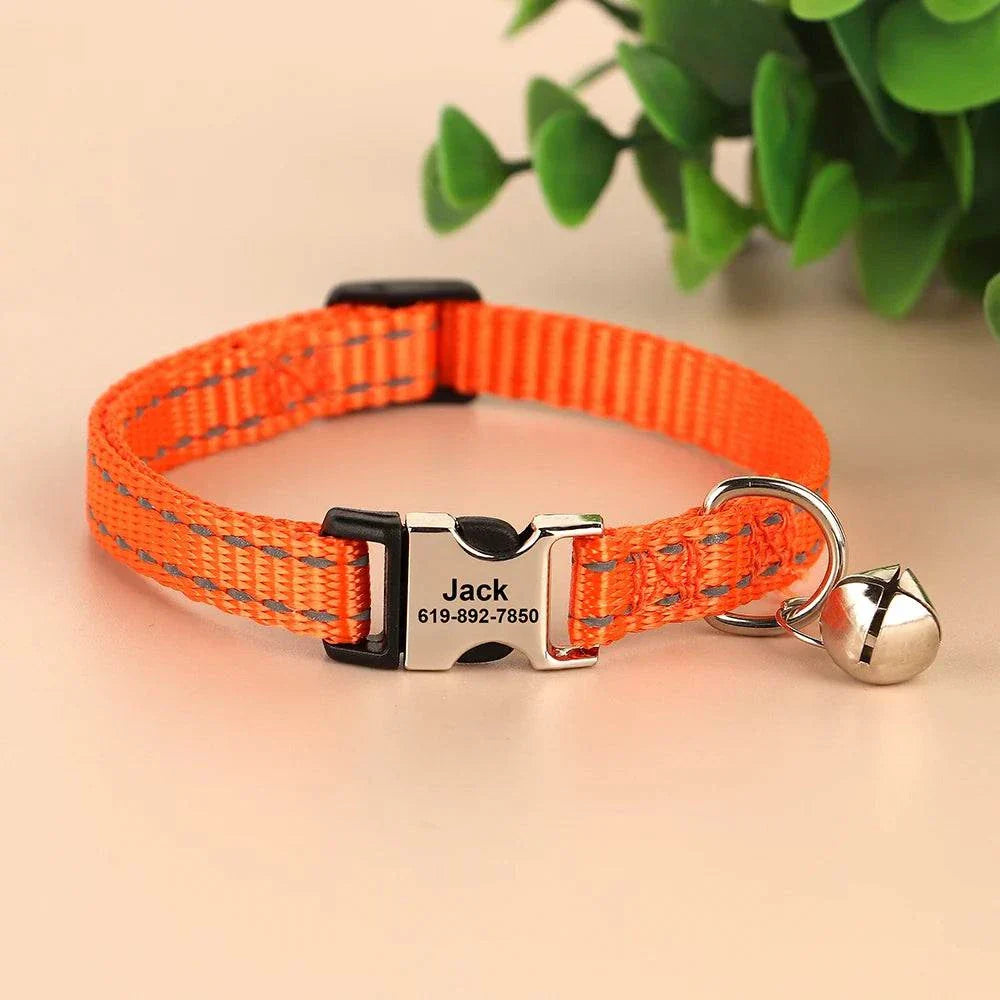 Personalised reflective orange cat collar with bell and custom engraving for small pets