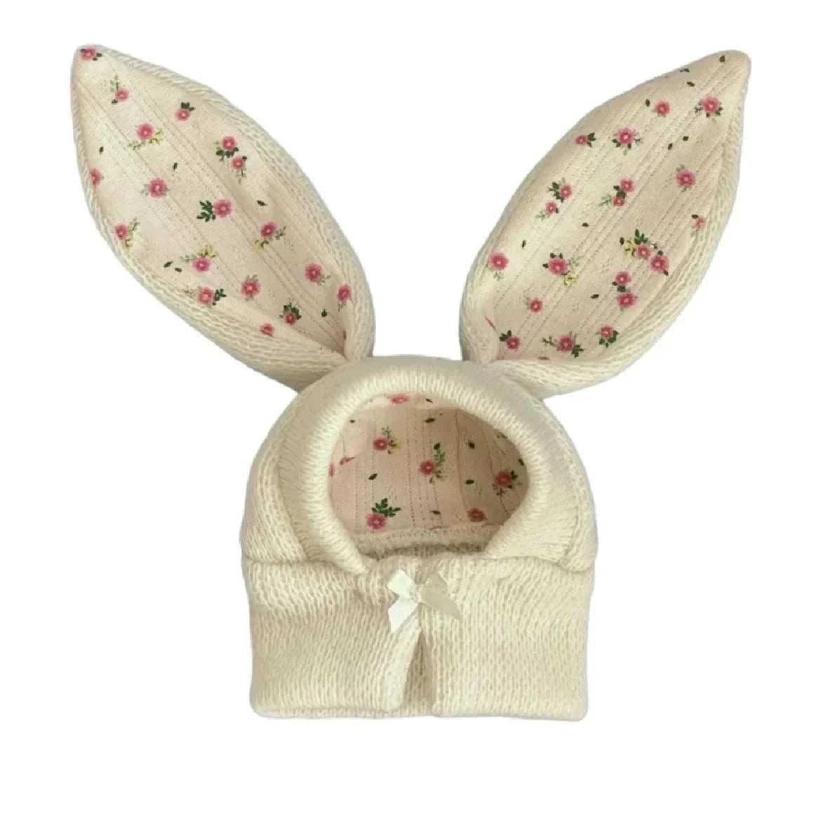Cute knitted rabbit ears dog hat with floral inner lining for pets