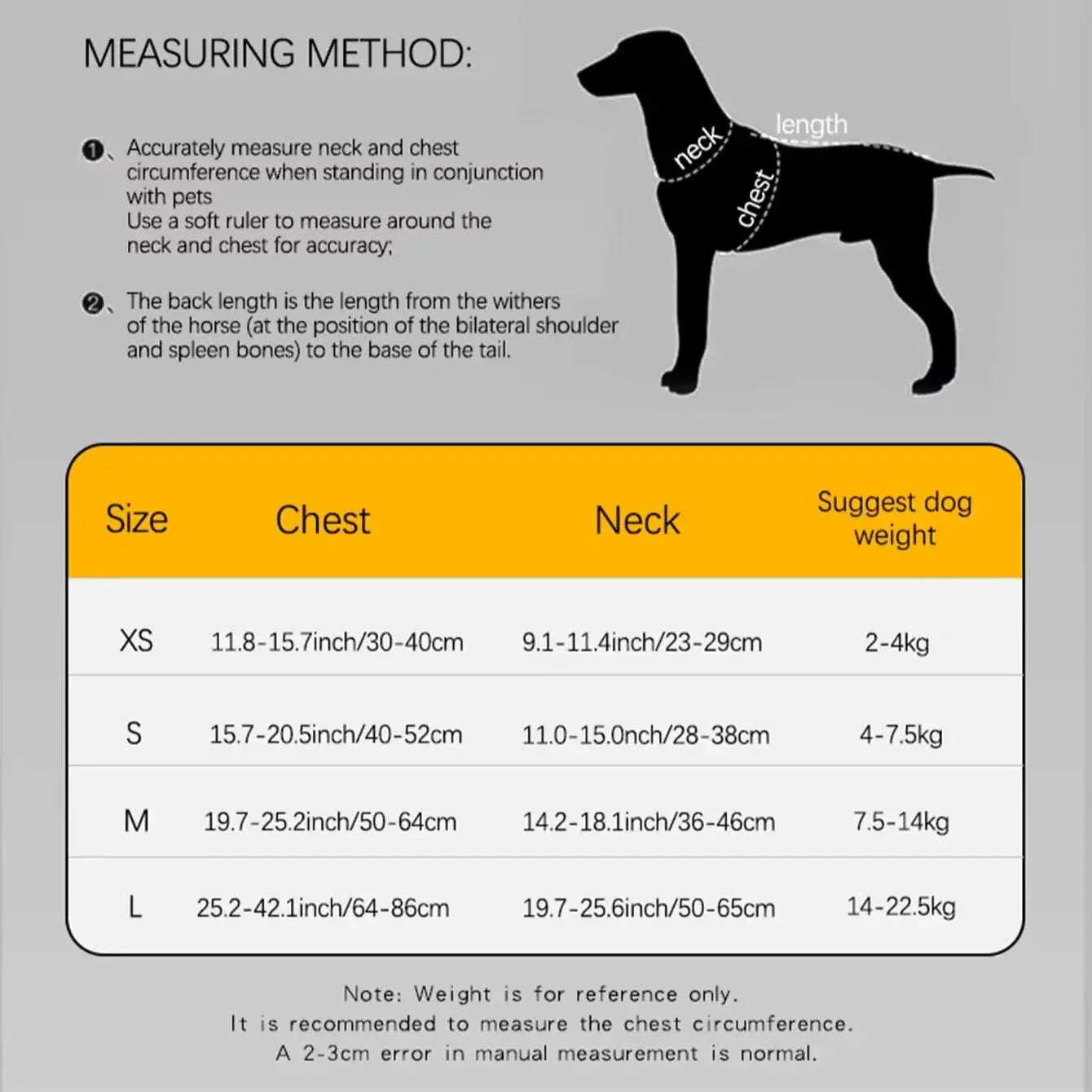 Dog harness size chart showing neck and chest measurements with weight recommendations for XS to L sizes