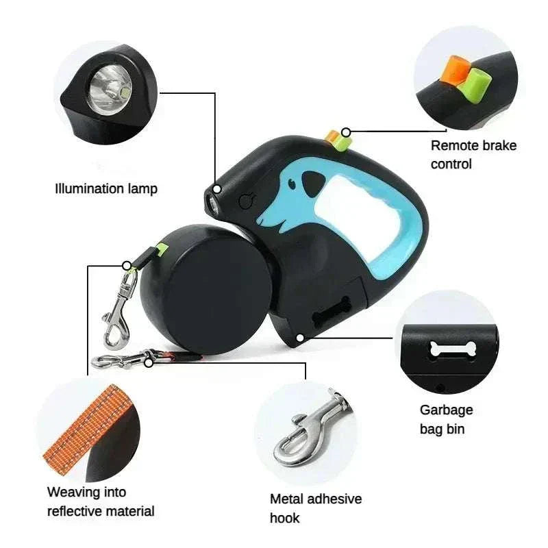 3m rotating retractable dog leash with dual leads, flashlight, remote brake, reflective material, metal hooks, and built-in poop bag bin for walking two dogs.