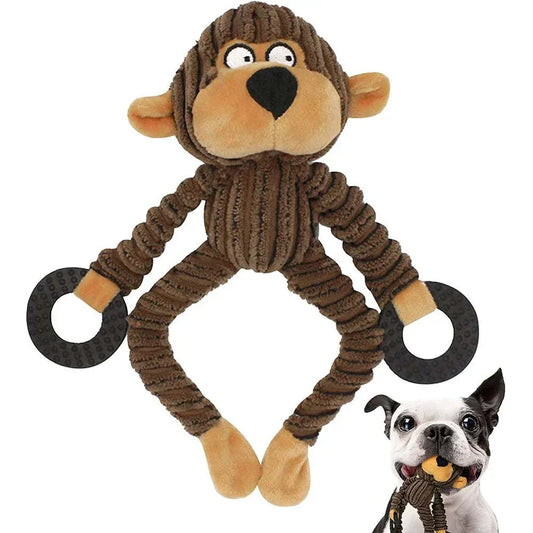 Squeaky Puppy Plush brown monkey chew toy with rubber rings for teething puppies and small dogs.