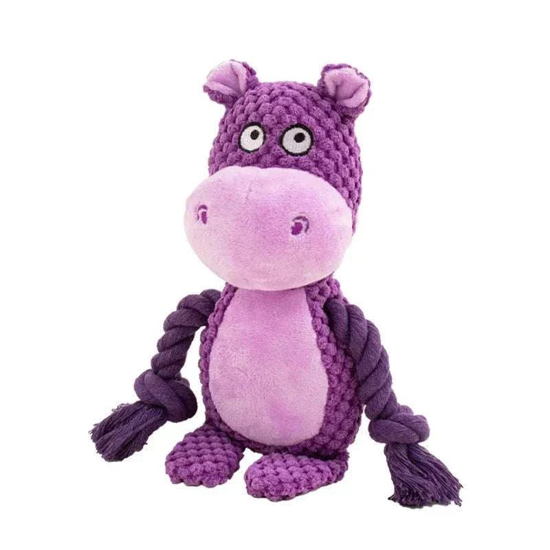 Purple hippo plush dog toy with rope arms and squeaker for playful puppies