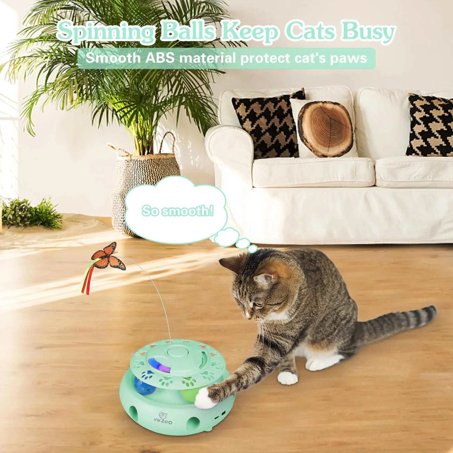 INKZOO 4-in-1 interactive cat toy with spinning balls, fluttering butterfly, and durable ABS material.