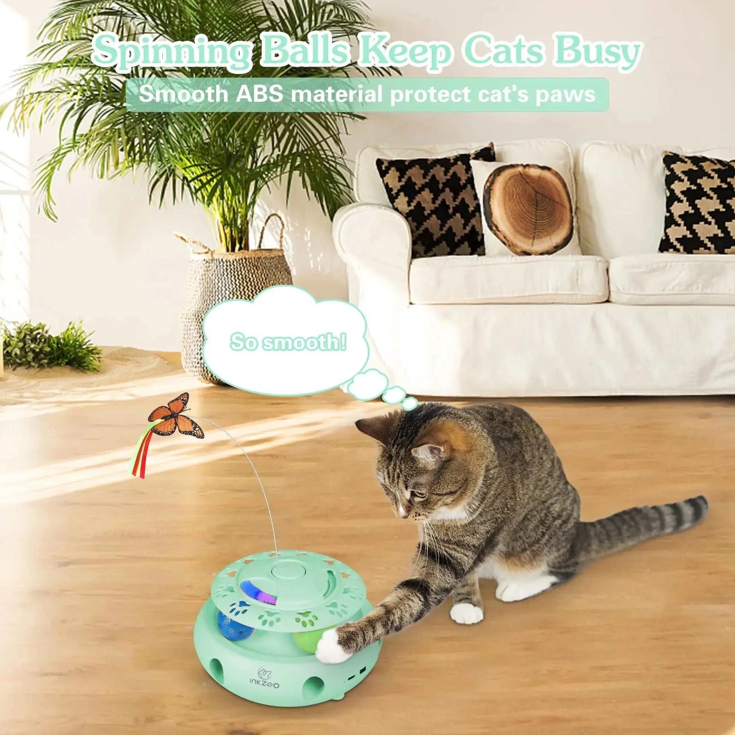 INKZOO 4-in-1 interactive cat toy with spinning balls and butterfly, USB rechargeable, safe ABS material, engaging for cats