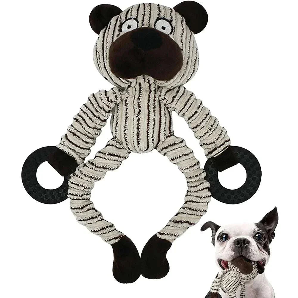Squeaky Puppy Plush teething toy for small dogs featuring a soft striped bear design with chew rings and built-in squeakers