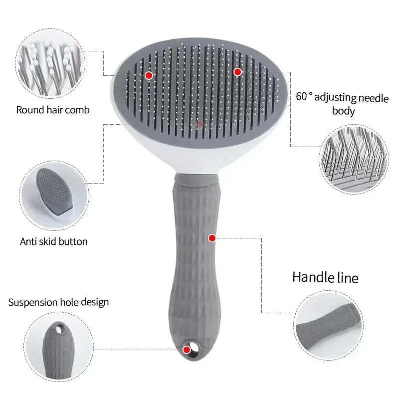 Self cleaning pet grooming tool with stainless steel needles, round hair comb, anti-skid button, and ergonomic handle for cats and dogs