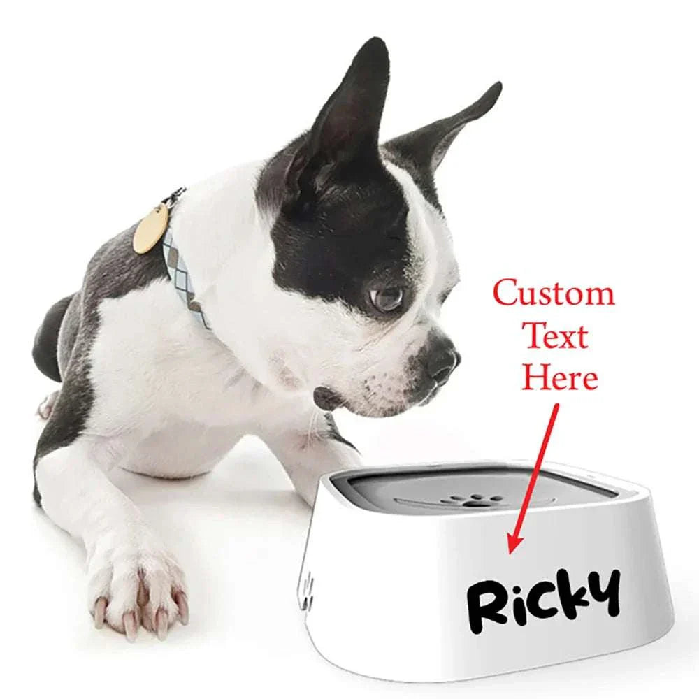 Personalised dog drinking water bowl with no spill floating plate and custom name, 1.5L capacity, ideal for cats and dogs