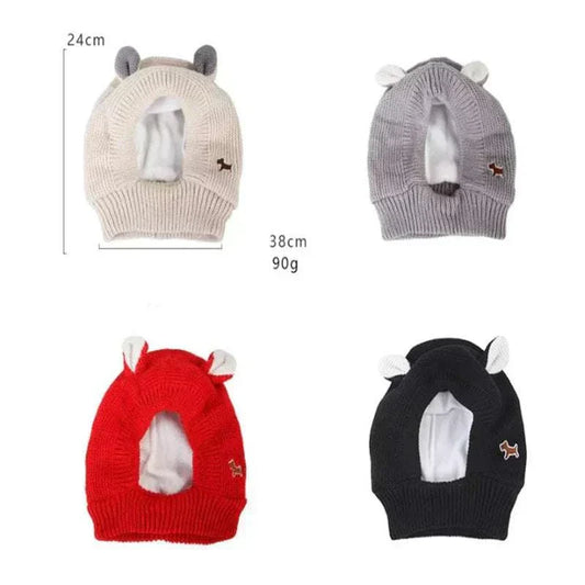 Knitted noise-cancelling ear protection hat for dogs providing anxiety relief and warmth