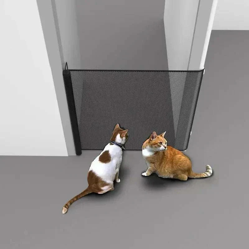 Automatic Retractable Pet Isolation Fence with two cats indoor safety barrier