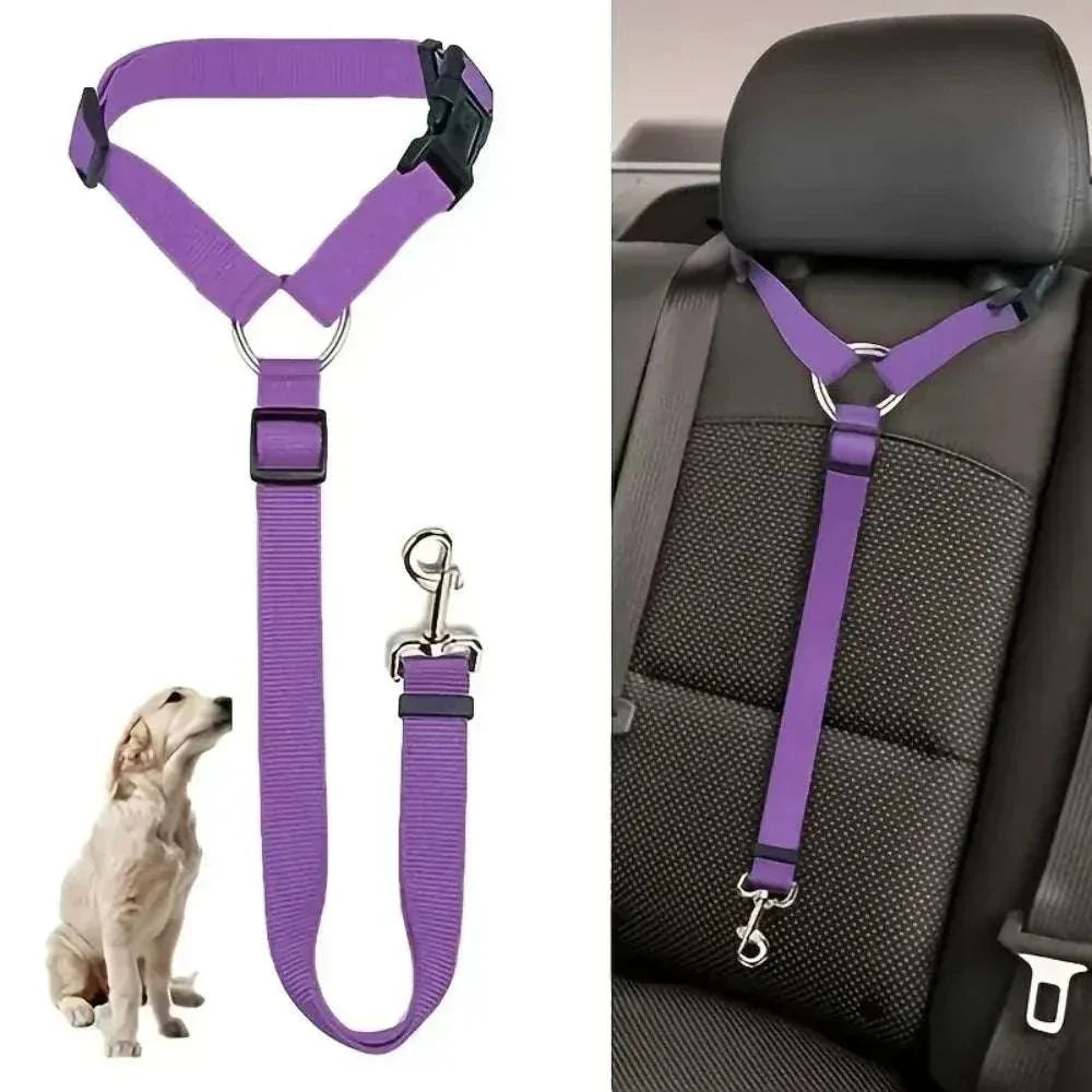 Adjustable purple single dog seat belt car headrest restraint for pet safety during travel