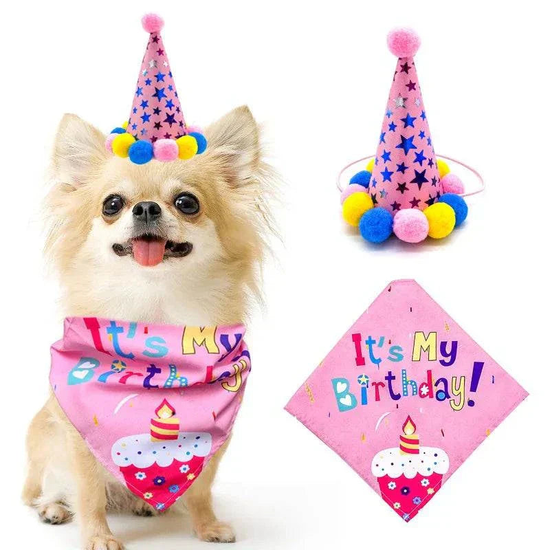 Dog birthday costume set with pink party hat and "It's My Birthday" bandanna for dogs and cats