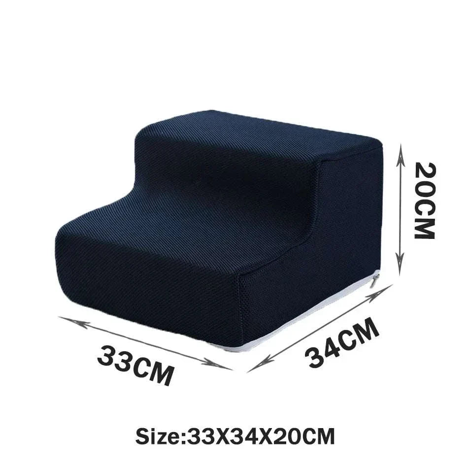 Black two-step pet stairs with anti-slip washable cover, size 33x34x20 cm, ideal for small dogs and cats