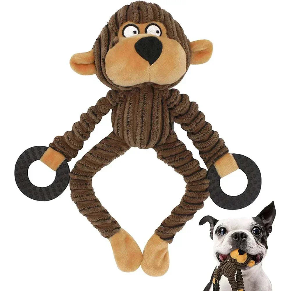 Squeaky Puppy Plush brown monkey chew toy with rings for teething small dogs and puppies