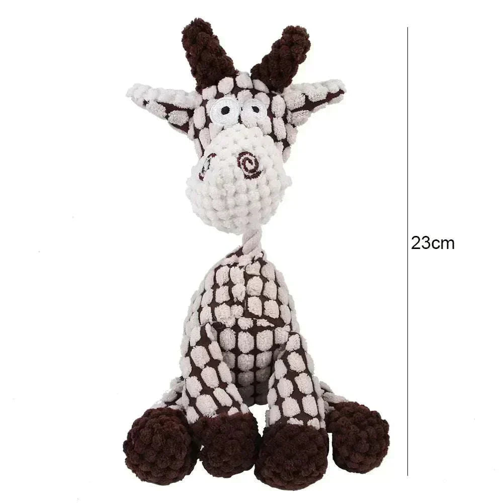 Corduroy dog chew toy with squeaker in donkey shape for puppies, 23cm tall