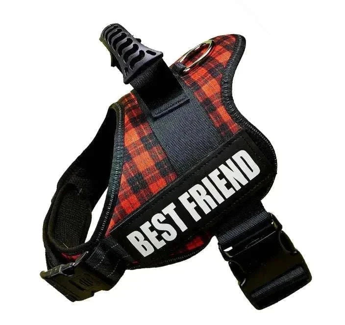 Personalised no-pull reflective dog harness in red plaid pattern with "Best Friend" label