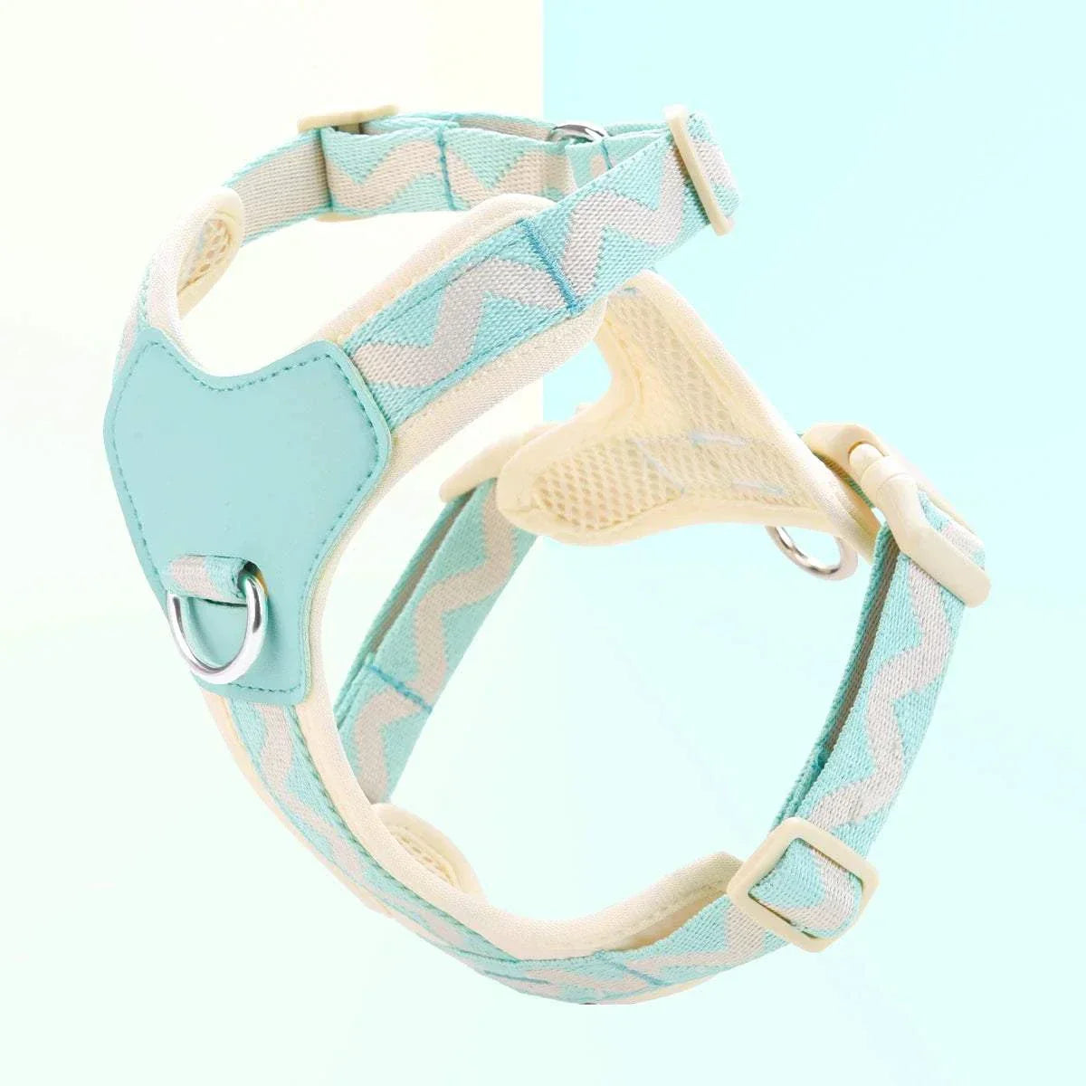 Light blue and beige printed ribbon dog harness with adjustable straps and padded breathable lining
