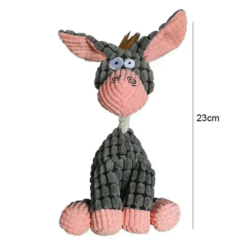 Corduroy donkey-shaped dog chew toy with squeaker, 23cm long, soft and durable for puppies.