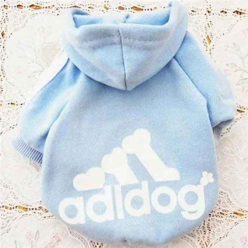 Light blue Adidog Hoodies Dog jumper with hood and white bone logo on the back, made of soft cotton for warmth and comfort.