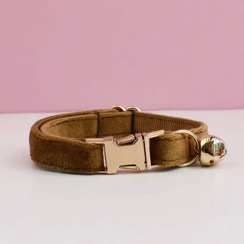Luxury velvet cat collar in brown with gold buckle and bell detail