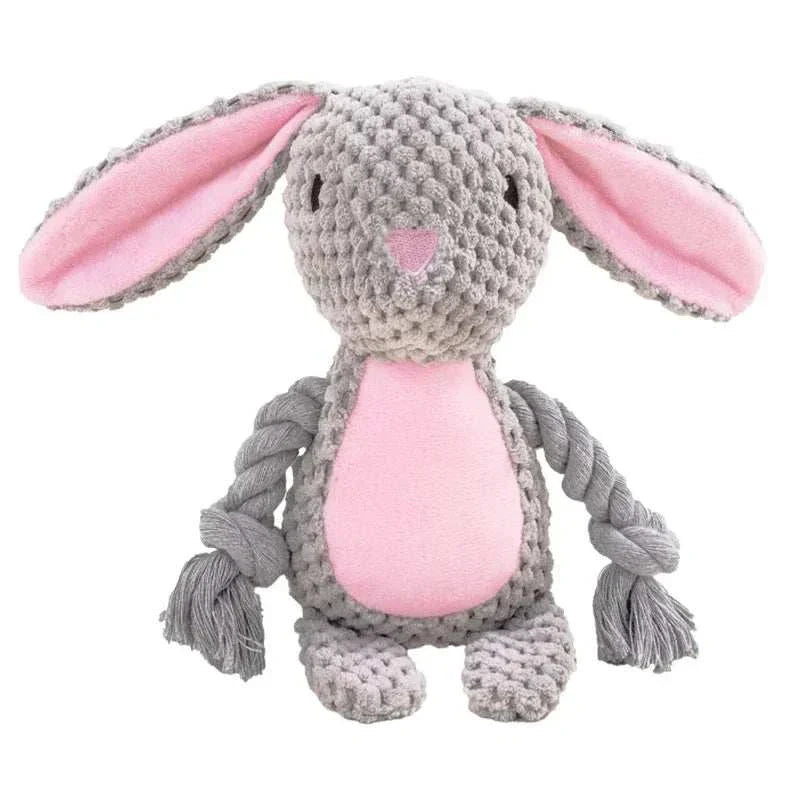 Cute animal rope dog toy in rabbit design with plush and squeaky features for puppies