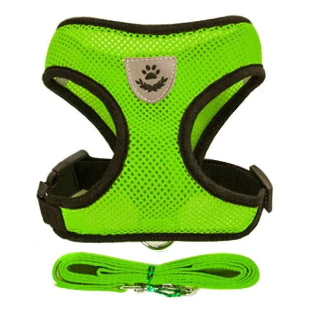Bright green adjustable breathable harness and leash set for cats and small dogs with reflective safety features