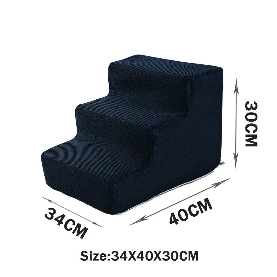 Black 3-step pet stairs with anti-slip fabric cover measuring 34x40x30cm for small dogs and cats