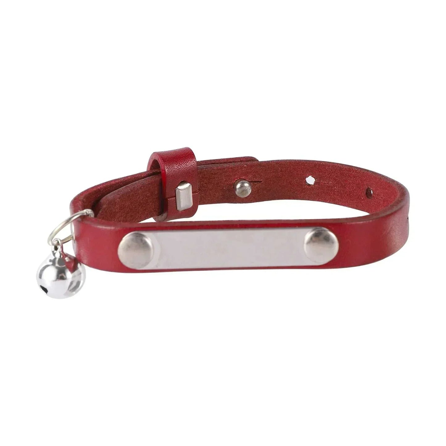 Customised leather cat collar with bell and engraved nameplate in red premium leather