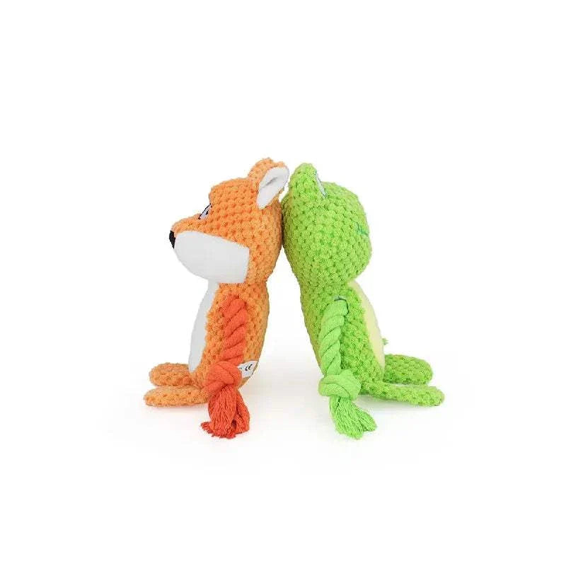 Cute animal rope plush dog toys in orange and green with squeaky knots for puppies