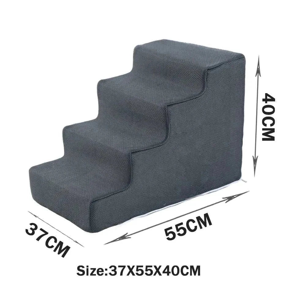 Gray four-step pet stairs with anti-slip washable cover, size 37x55x40cm, for small dogs and cats