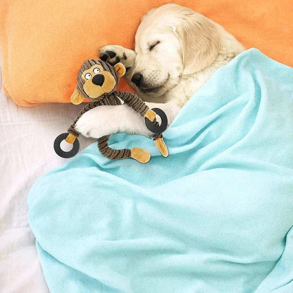 Sleeping puppy cuddling with squeaky plush chew toy under blue blanket
