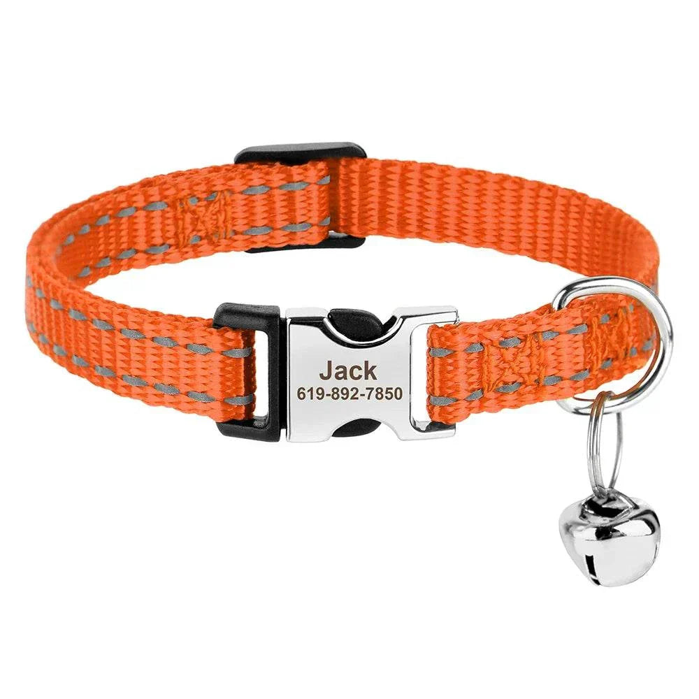 Personalised adjustable orange nylon cat collar with engraved nameplate and safety bell