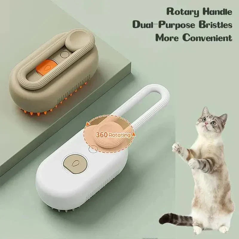 Steam Pet Brush grooming tool with rotary handle and dual-purpose bristles for dogs and cats